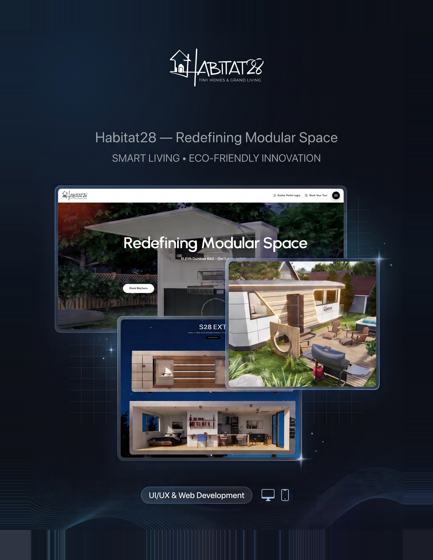Habitat28 — a portrait poster of the site: the homepage on a laptop with the line “redefining modular space”, a tablet showing a garden render and a phone showing the s28 interior, under the habitat28 logo