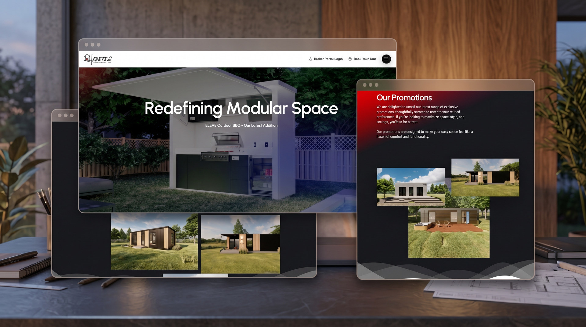 Habitat28 — the site shown on a desk: the homepage on a monitor reading “redefining modular space” over an outdoor kitchen render, with the promotions page on a second screen beside it