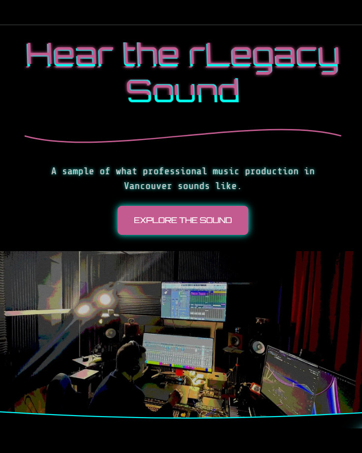 rLegacy — the rlegacy hero: “hear the rlegacy sound” over a photograph of the studio desk, with the explore-the-sound action beneath it