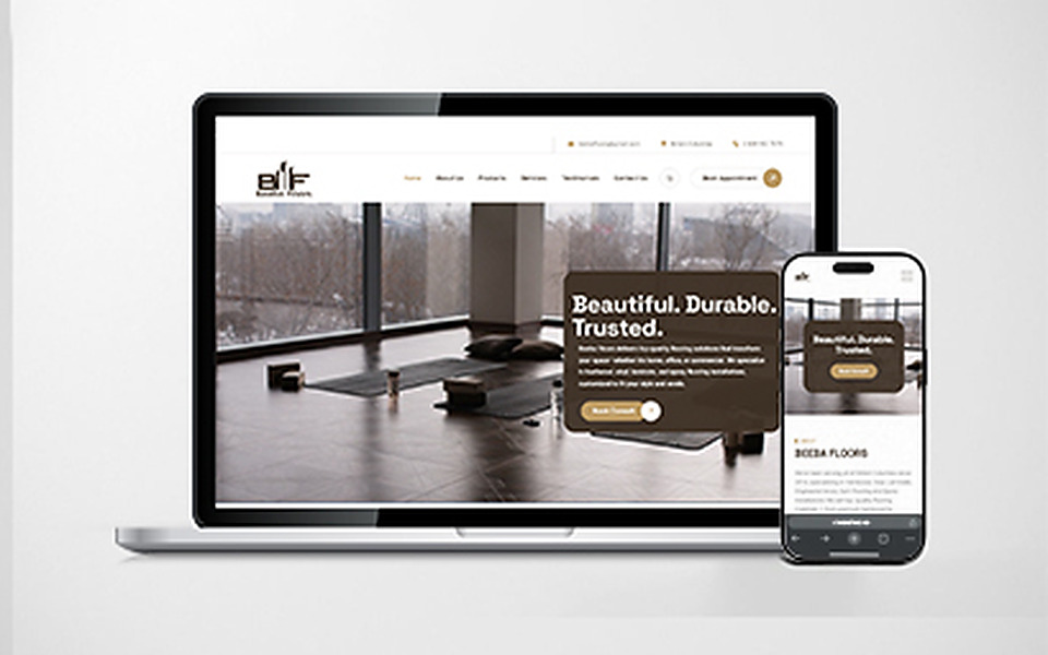 The Beeba Floors website, shown on a laptop and a phone